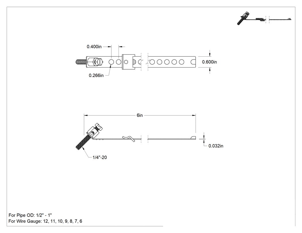 Teknik Çizim - Topraklama Kayışı, 1/2" ila 1" Boru Dış Çapı için, Bakır