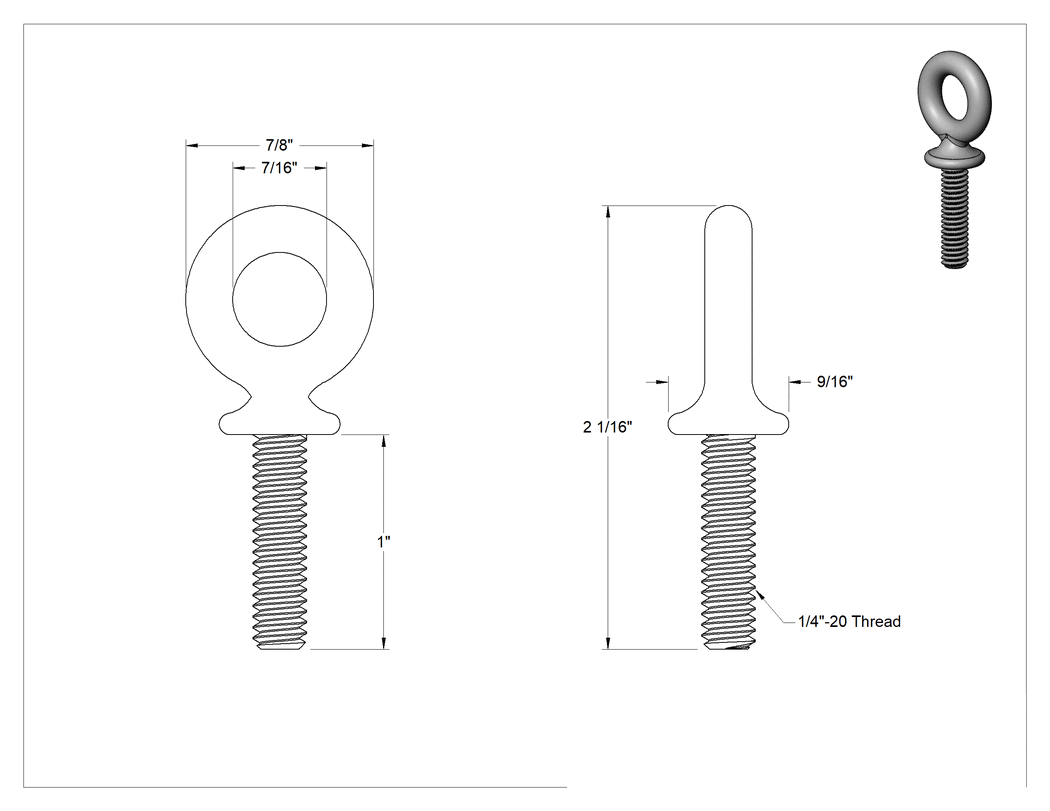 Teknik Çizim - Fiberglas Yönlendirme Halka Cıvatası, Kaldırma için Omuz Yuvası, 1/4"-20 Boyut x 1" Uzunlukta Diş