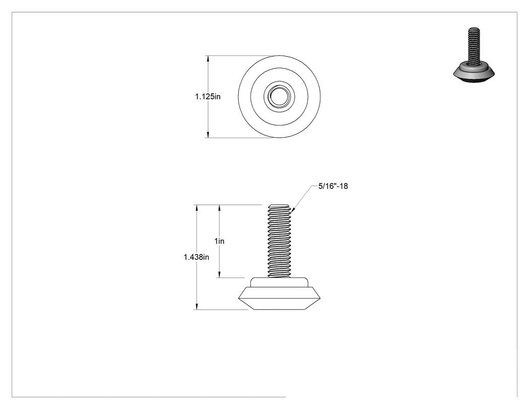 Teknik Çizim - PVC Tabanlı Sert Seviyelendirme Montaj Parçaları, 1" Uzunlukta 5/16"-18 Dişli Çinko Kaplı Çelik Saplamalı