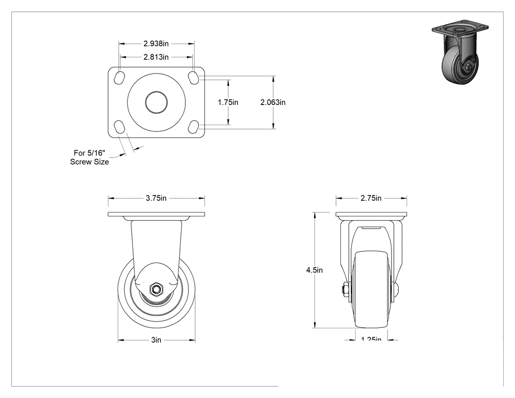 Teknik Çizim - 3-3/4" x 2-3/4" Plakalı Parlak Yüzeyli Tekerlek, 3 inç Çapında Kauçuk Tekerlekli Sert