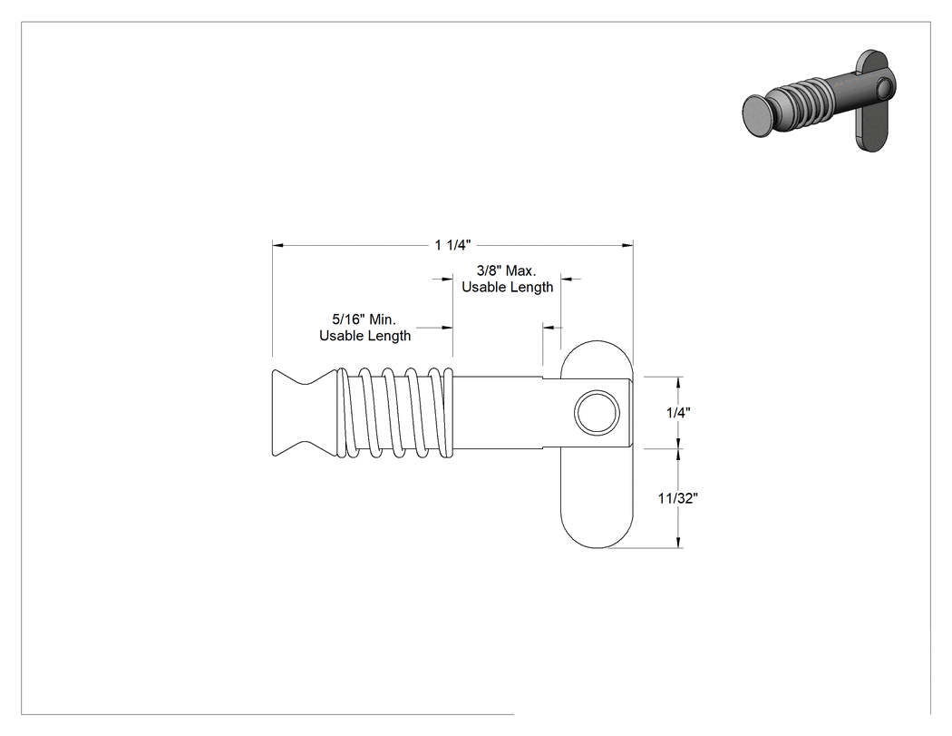 Teknik Çizim - Toggle'lı Strong-Hold Clevis Pimi, 1/4" Çap, 5/16" ila 3/8" Kullanılabilir Uzunluk