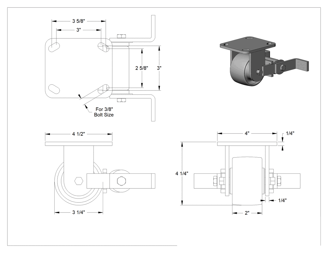 Teknik Çizim - 4-1/2" x 4" Plakalı Yüksek Kapasiteli Spartan Tekerlek, Frenli Sabit, 3-1/4" Çap Açık Rulmanlı Fenolik Tekerlek