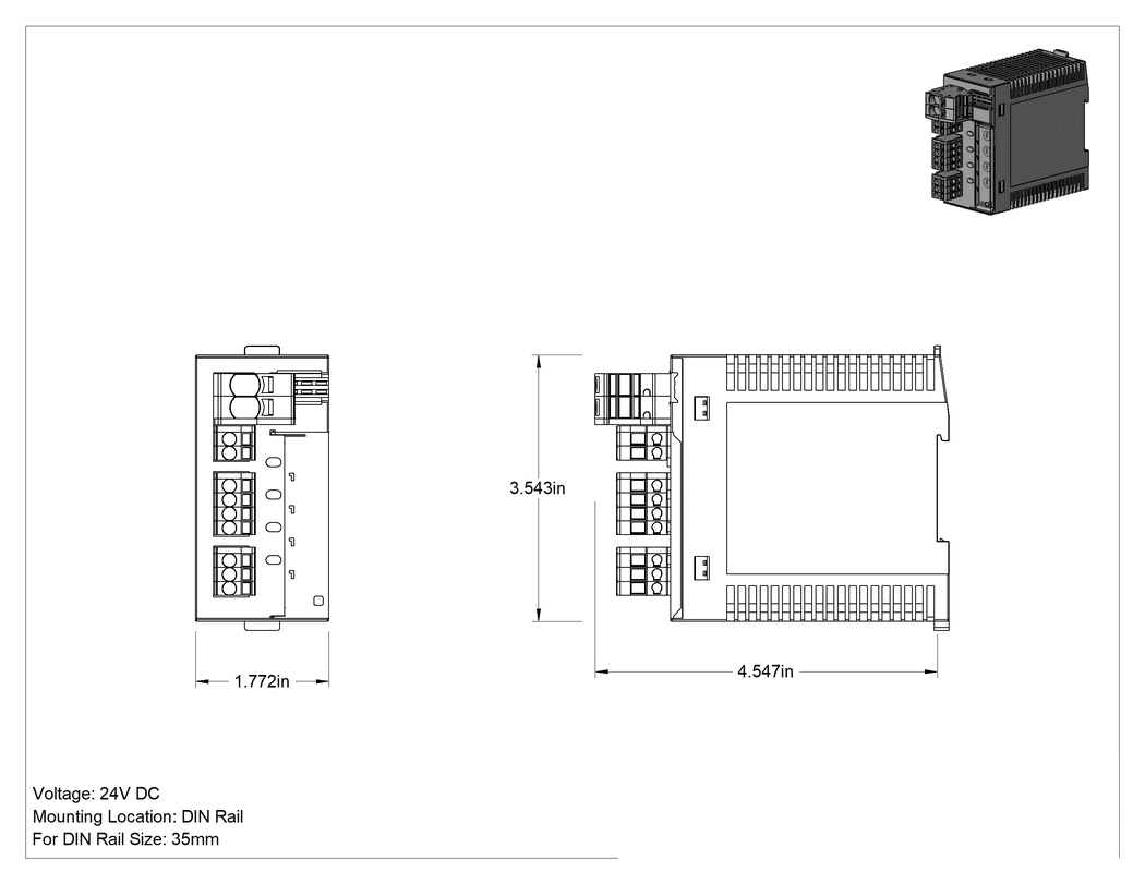 Teknik Çizim - DIN Ray Montajlı Elektronik Devre Kesici, Ayarlanabilir Akım ve I/O Bağlantılı, 4 Devre Kontrolü
