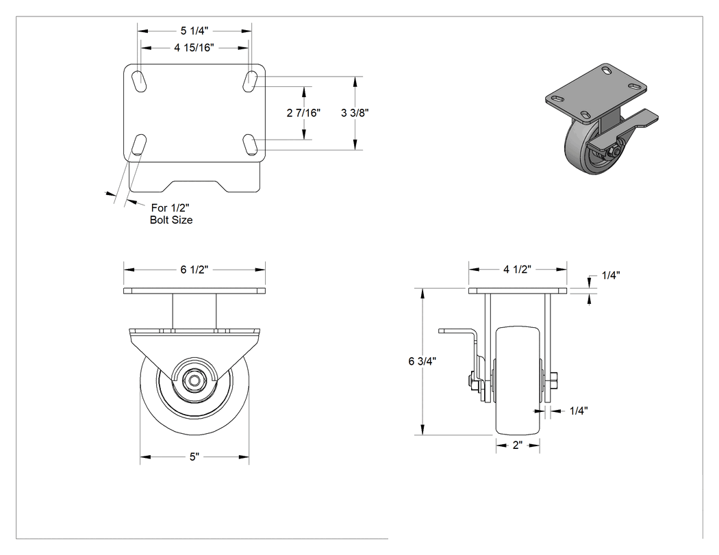 Teknik Çizim - 6-1/2" x 4-1/2" Plakalı Yüksek Kapasiteli Kingston Tekerlek, Sağ Taraf Frenli ve 5 inç Çapında Fenolik Tekerlekli Sert
