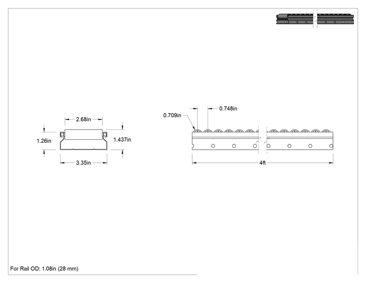 Teknik Çizim - 3-3/8" Toplam Genişlik x 4 Fit Uzunlukta Konveyör Rayı, Kelepçeli Çerçeve Rayı için
