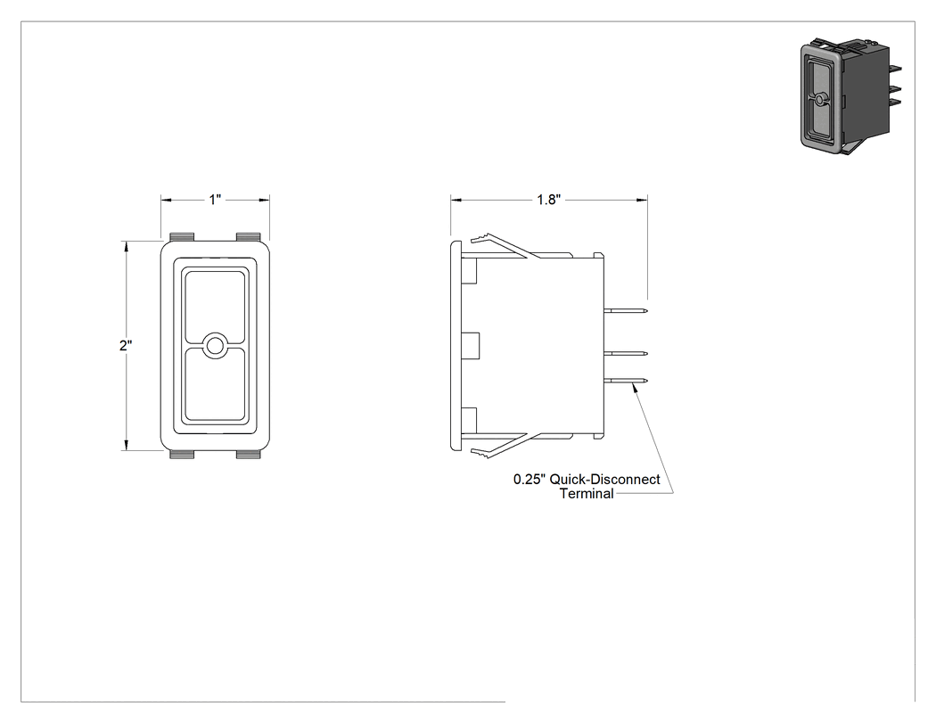 Teknik Çizim - 2 Konumlu Taban, Kalıcı Konumlu, SPDT, Rocker Anahtar için