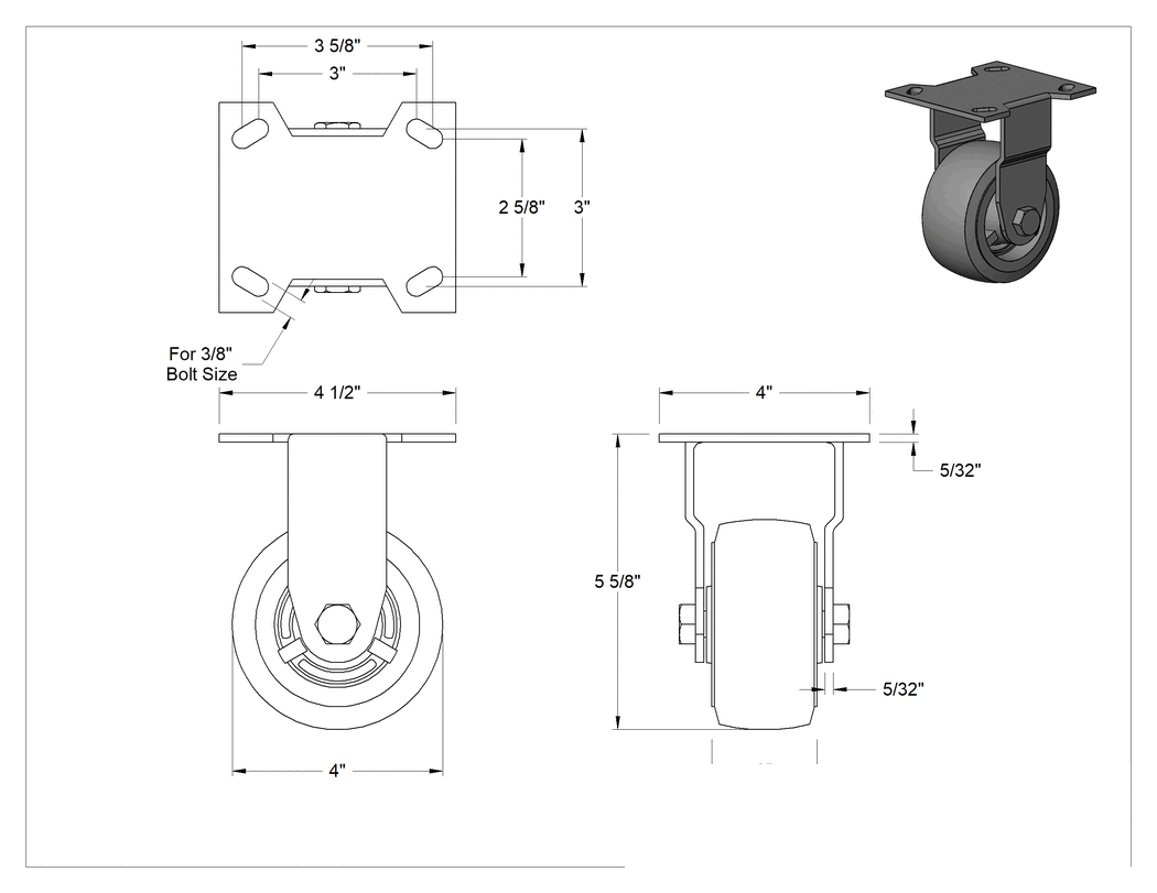 Teknik Çizim - Ekonomik Mauler Tekerlek, 4-1/2 inç x 4 inç montaj plakalı, Sabit, 4" Çaplı Kauçuk Tekerlek