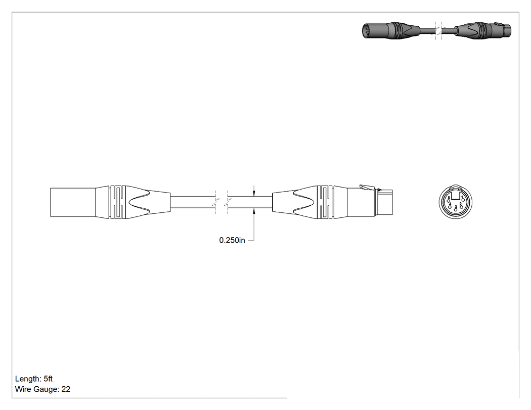 Teknik Çizim - Dmx Kablosu, 5 Pimli XLR Fiş x Soket, 5' Uzunluk