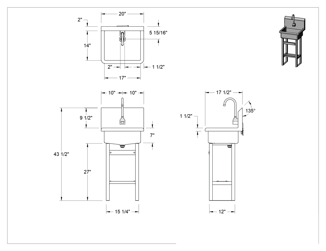 Teknik Çizim - Temassız Serbest Duran Lavabo, 20 inç Genişlik, 17-1/2" Derinlik, 43-1/2" Toplam Yükseklik, 0.5 gpm Akış Hızı