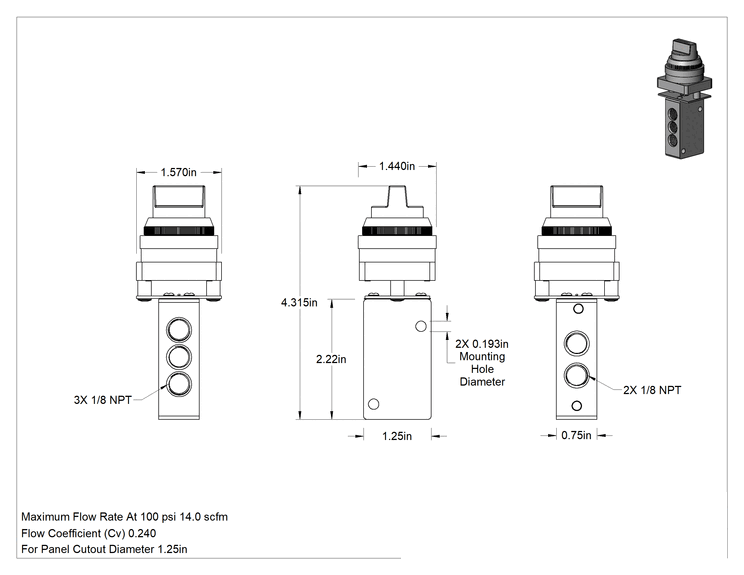 Teknik Çizim - Hava Yön Kontrol Vanası, El ile Geri Dönüşlü, 1/8 NPT Dişi, 14 scfm, 1-5/8" Toplam Uzunluk