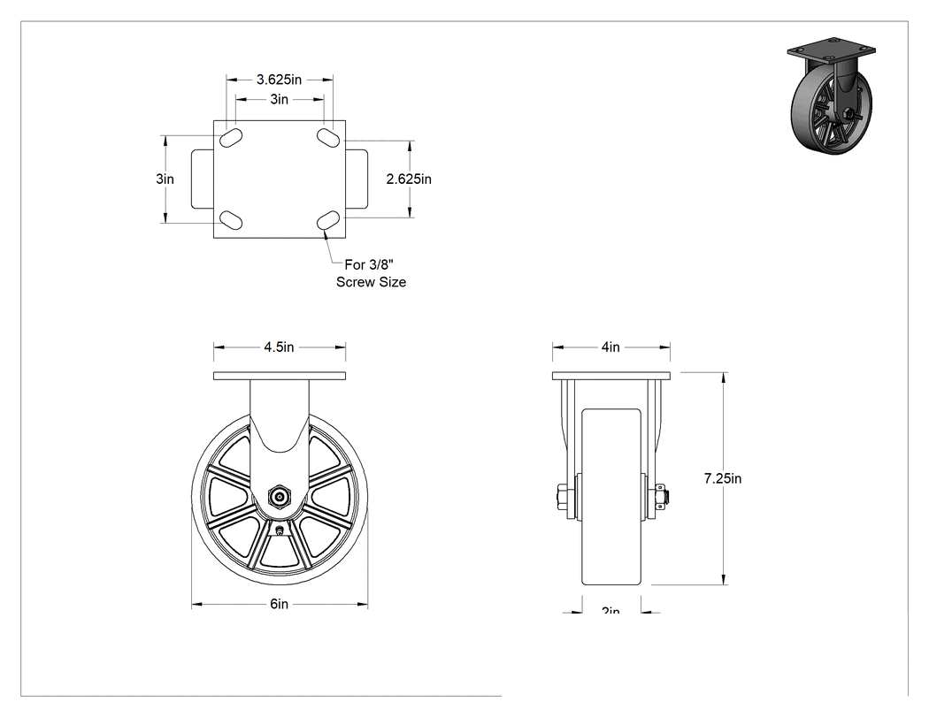 Teknik Çizim - 4-1/2" x 4" Plakalı Yüksek Kapasiteli Spartan Tekerlek, 6 inç Çapında Açık Rulmanlı Metal Tekerlekli Sert