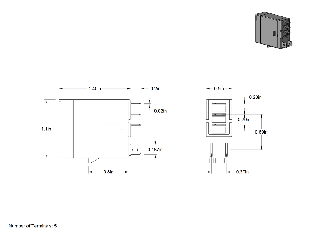 Teknik Çizim - İnce Kürek Terminalli Röle, SPDT, 6 VDC Giriş