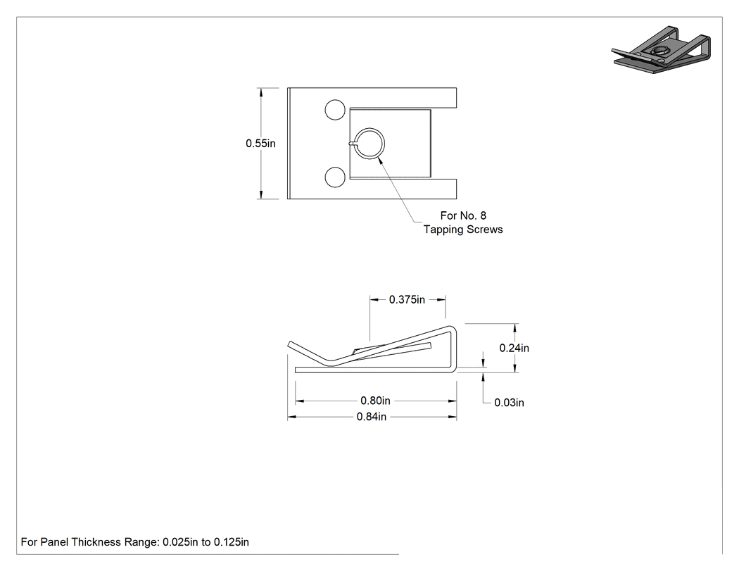 Teknik Çizim - Siyah Fosfat Çelik Yüksek Kavramalı Klipsli Somun, 8 Numaralı Kılavuzlu Vida için, 0.025" ila 0.125" Panel Kalınlığı