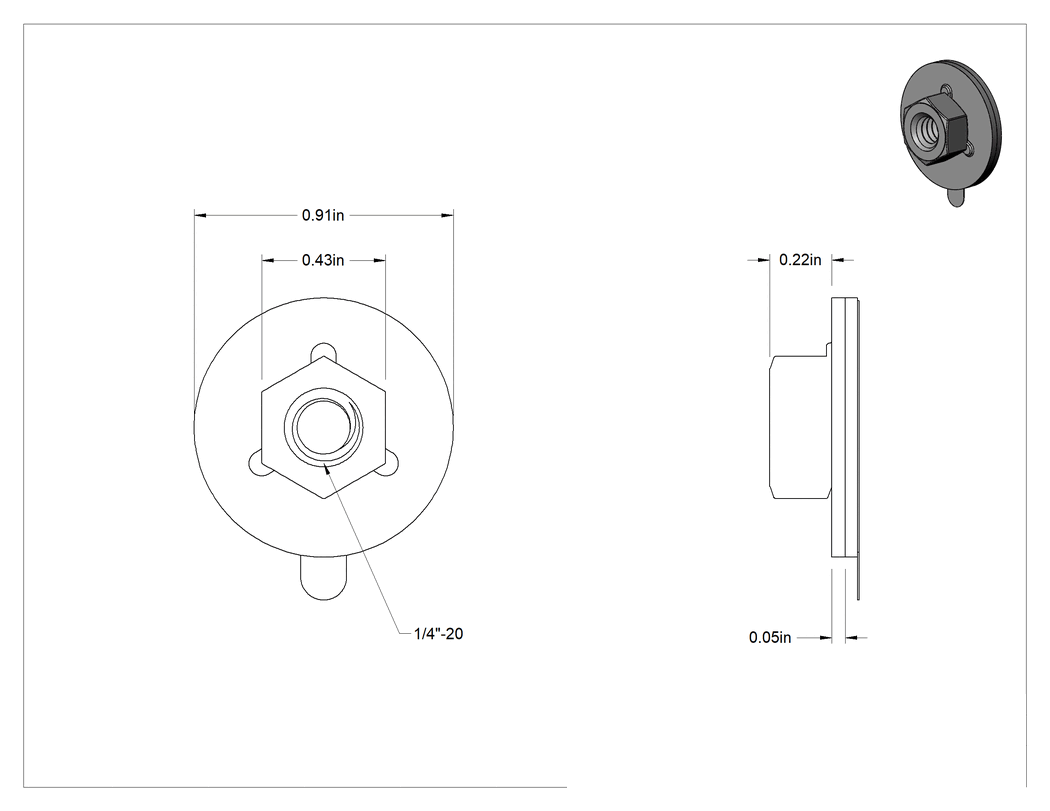 Teknik Çizim - 316 Paslanmaz Çelik Yapışkan Sırtlı Somunlar, 1/4"-20 Diş, 29/32" Çap x 3/64" Kalınlık Taban