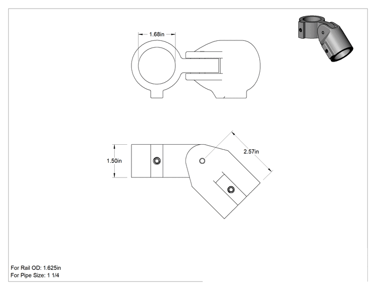 Teknik Çizim - Alüminyum Giydirme Bağlantı Parçası, Ayarlanabilir Açılı Delikli Y, 1-5/8" Ray Dış Çapı, Eloksal
