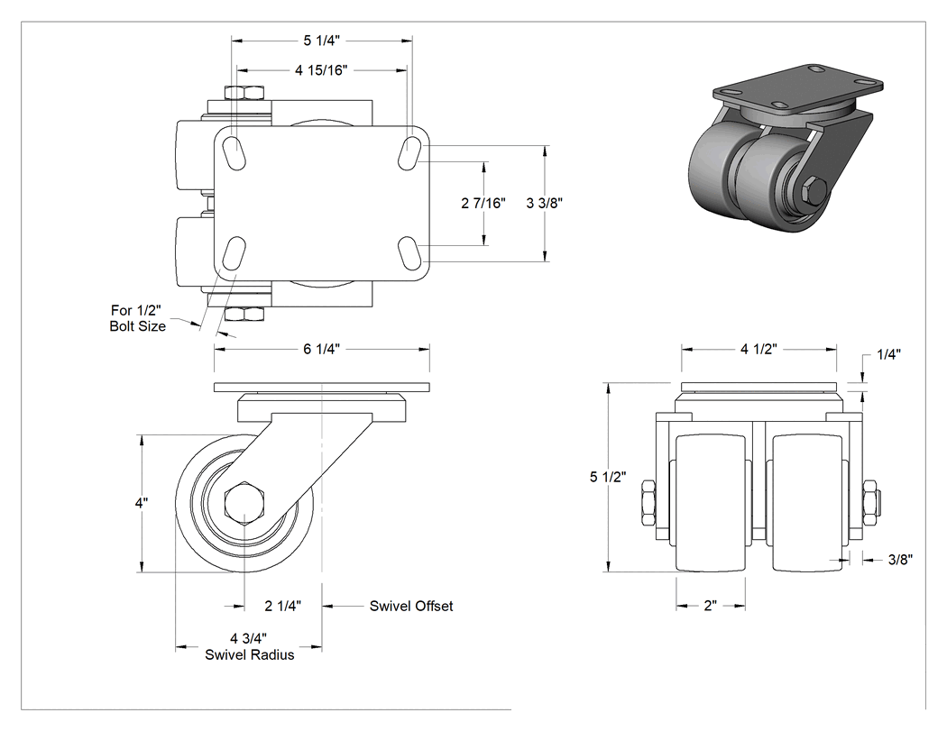 Teknik Çizim - Viking Tekerlek, Yüksek Kapasiteli, 6-1/4" x 4-1/2" Plaka, 4" Fenolik Tekerlekli Döner Tekerlek