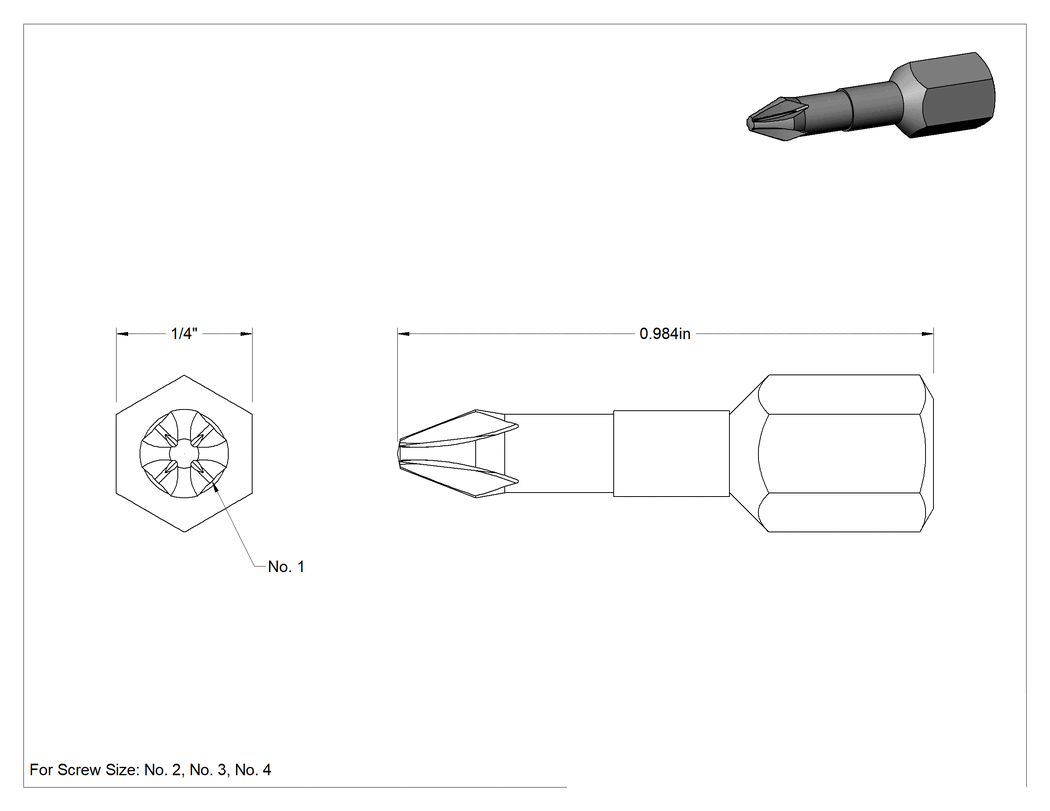 Teknik Çizim - Darbeli Tornavidalar için Pozidriv® Uç, Aletler için 1/4" Altıgen Şaft, 1 Numaralı Boyut, Elmas Kaplamalı