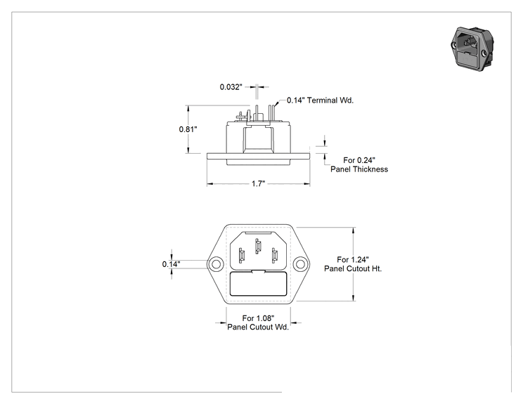 Teknik Çizim - IEC Konektör, Vidalı Erkek, Tırnaklı Terminal, C14, 10A UL