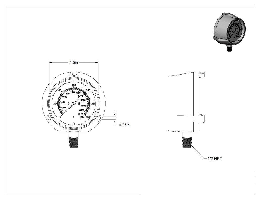 Teknik Çizim - Basınç Test Göstergesi, Titreşime Dayanıklı, Sertifikalı, Çift Ölçek, 1/2 NPT, 0-300 PSI