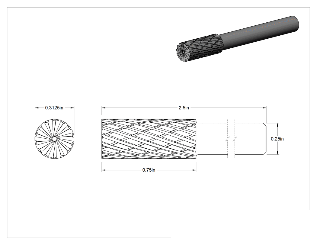 Teknik Çizim - 1/4" Çaplı Şaftlı Karbür Freze Ucu, Düz Kesici Silindir, Ticaret No. Sb-2, Çift Kesimli Diş