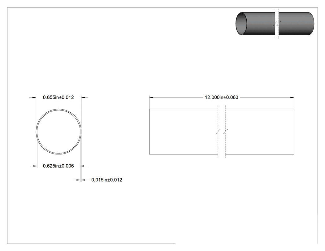 Teknik Çizim - Aşınmaya Dayanıklı Kevlar Tüp, 0.655" Dış Çap, 5/8" İç Çap, 12" Uzunluk