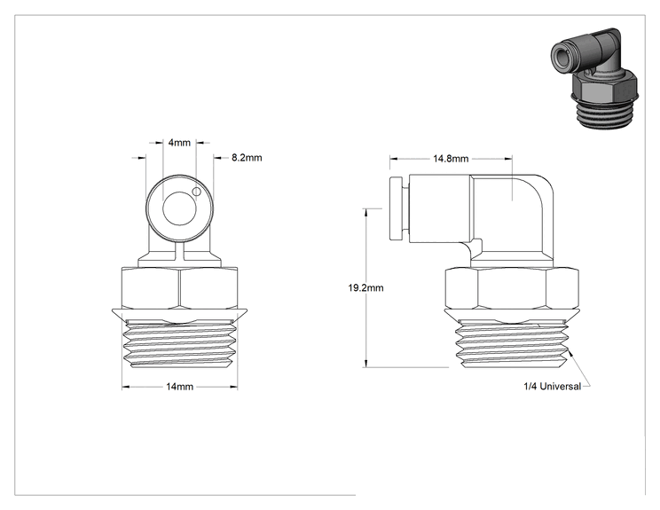 Teknik Çizim - Evrensel Dişli Bas-Bağlan Tüp Bağlantı Parçası, Hava ve Su için, Dirsek, 4 mm Boru Dış Çap x 1/4 Erkek Boru