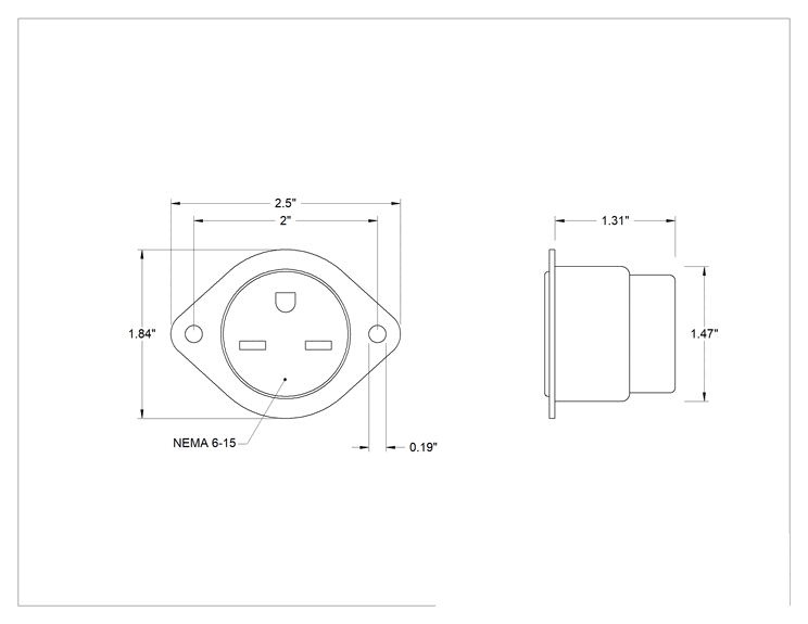 Teknik Çizim - Düz Bıçaklı Yuva, Üç Yuvalı Panel Montajlı Dişi, NEMA 6-15