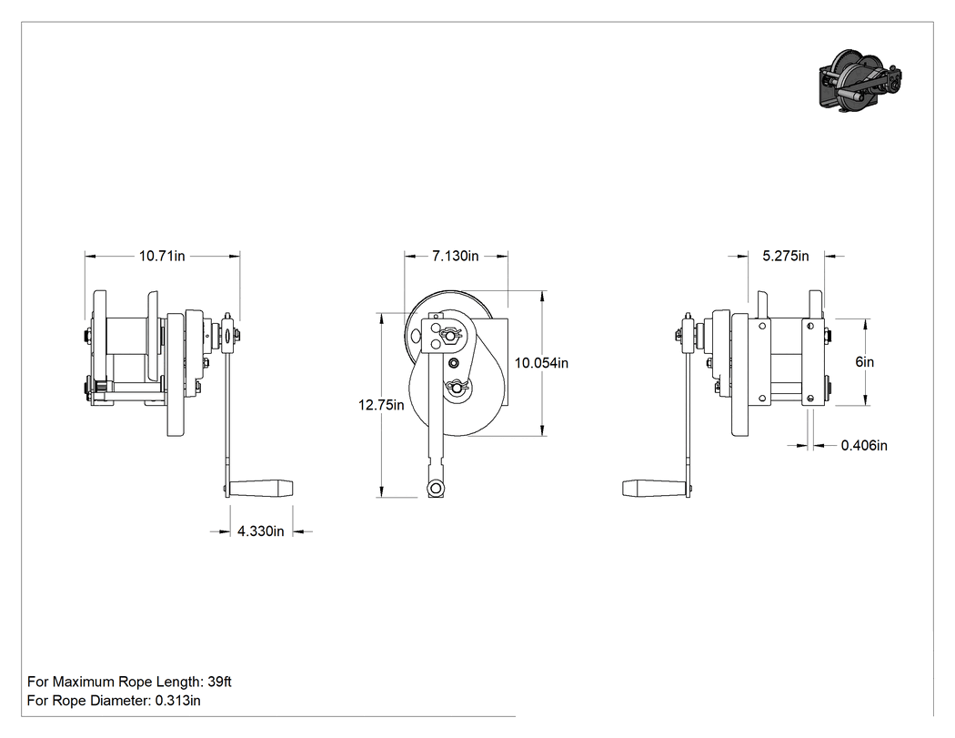 Teknik Çizim - Kaldırma için Tel Halatlı Ağır Hizmet Tipi El Vinci, 2000 lb. Maksimum Kapasite, 5-3/8" Genişlikte Taban