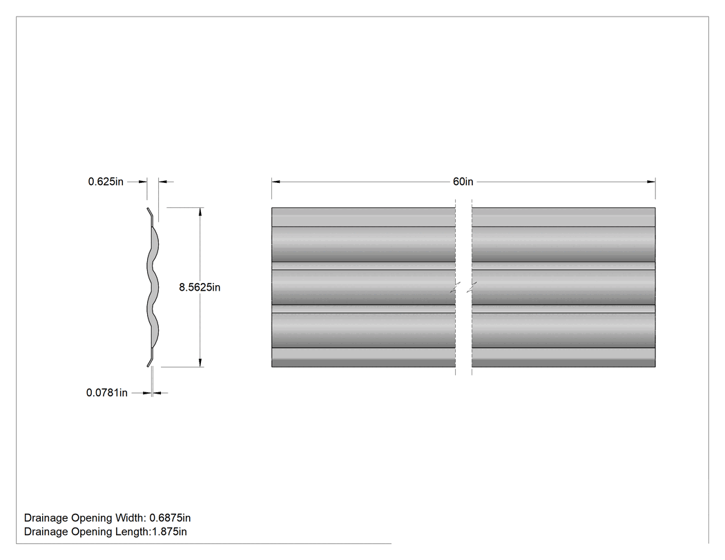 Teknik Çizim - Galvanizli Çelik Drenaj Zemin Plakası, Tırtıklı, 8-9/16" Genişlik x 60" Uzunluk x 5/64" Kalınlık