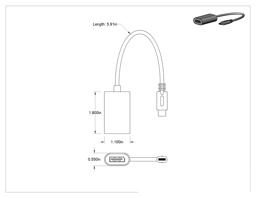 Teknik Çizim - USB Adaptör Kablosu, C Fişi x DisplayPort Soketi, 6 inç Uzunluk