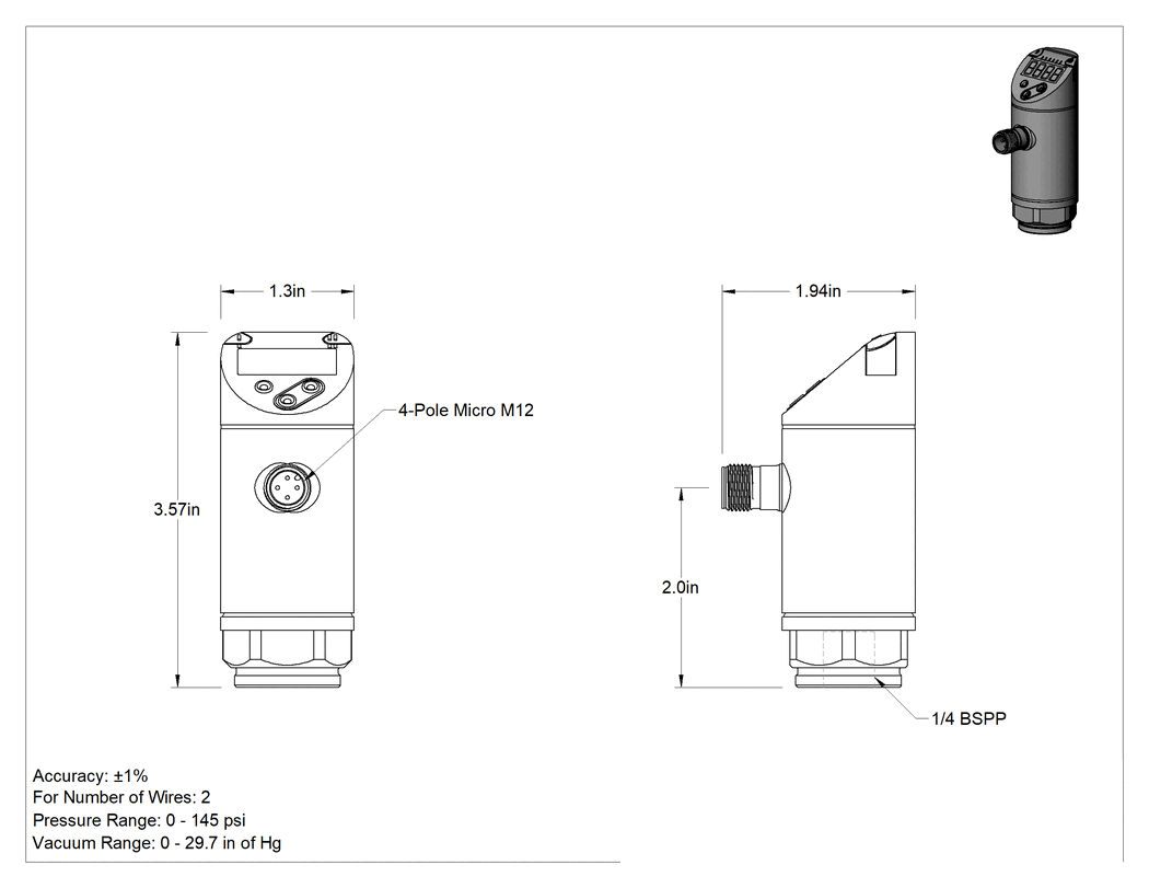 Teknik Çizim - Dijital Ekranlı Basınç ve Vakum Transmitteri, 1/4 BSPP Dişi, 0-145 PSI