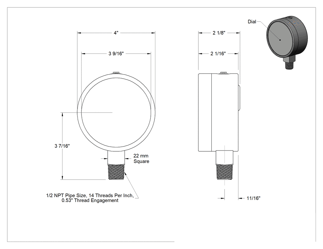 Teknik Çizim - Tek Ölçekli Titreşim ve Paslanma ve Aşınmaya Dayanıklı Gösterge, Vakum, 4" Kadran, 1/2 NPT Alt Bağlantı, 30 ila 0 in. Hg
