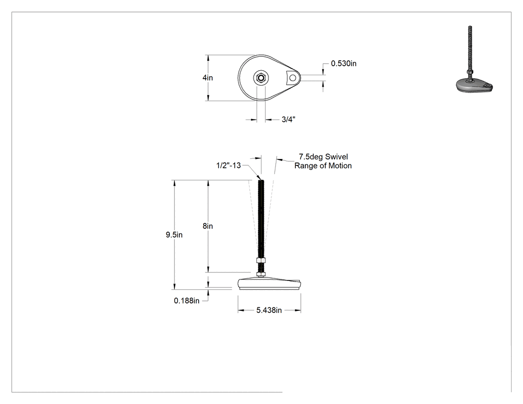 Teknik Çizim - Cam Dolgulu Naylon Sabit Dönen Seviyeleme Montaj Parçası, Yastıklı ve 8" Uzunlukta 1/2"-13 Çinko Kaplı Saplamalı, 1 Ofset Delik