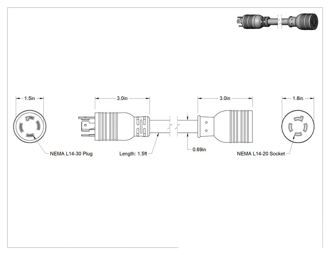 Teknik Çizim - NEMA L14-30 Fiş x NEMA L14-20 Priz Adaptörü