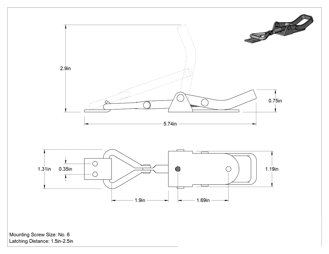 Teknik Çizim - Ayarlanabilir Tutamaklı Çekme Mandalı, Galvanizli Çelik, 5-3/4" Uzunluk x 1-5/16" Genişlik