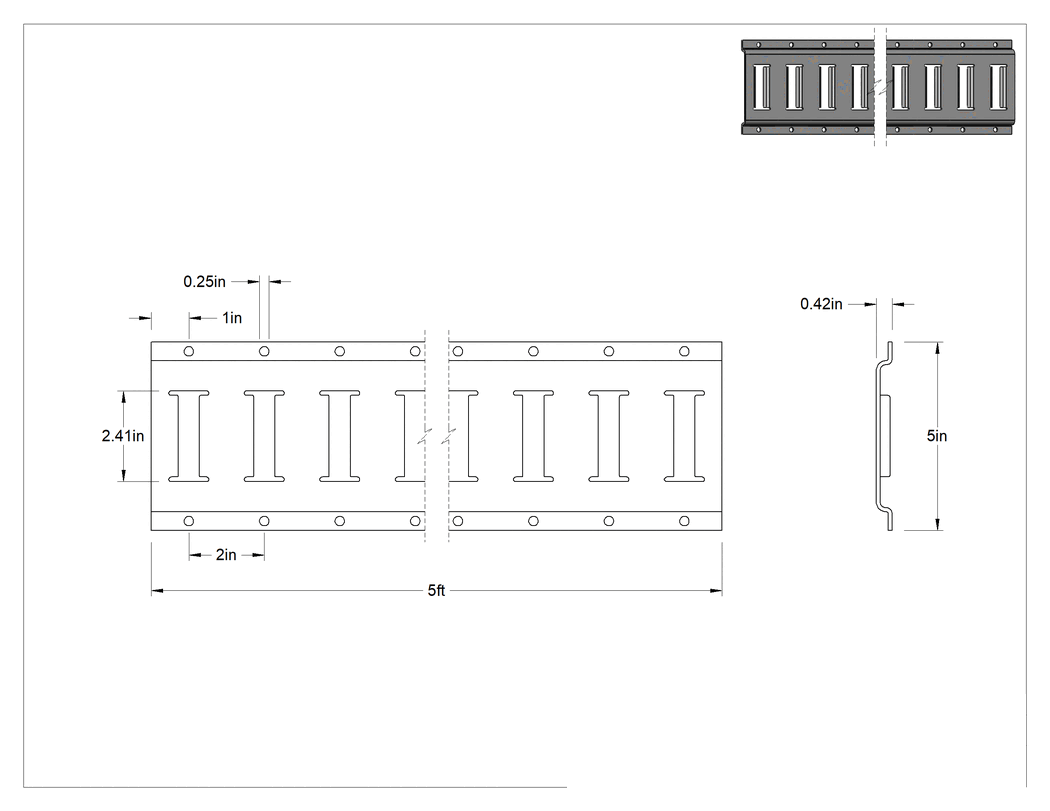 Teknik Çizim - E-Track, Yatay, Galvanizli Çelik, 5 Fit Uzunluk