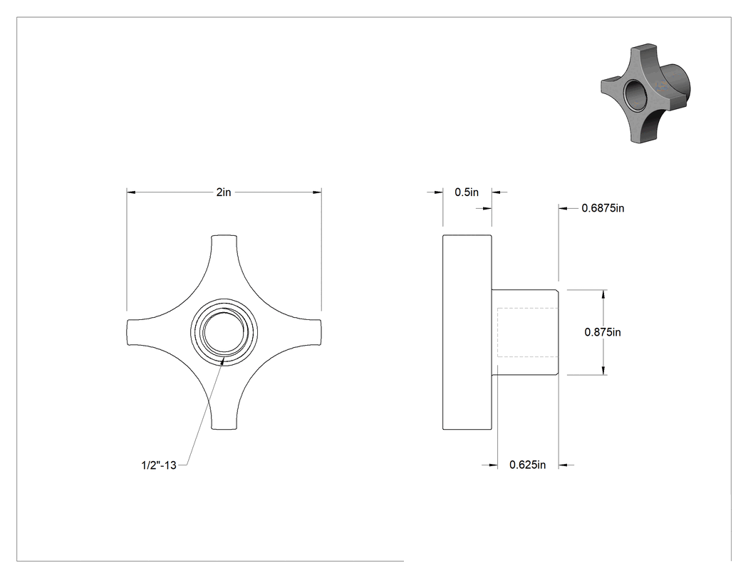 Teknik Çizim - Dört Kollu Tutma Yerli Düğme, Yüksek Sıcaklık, 1/2"-13 Dişli Delikli