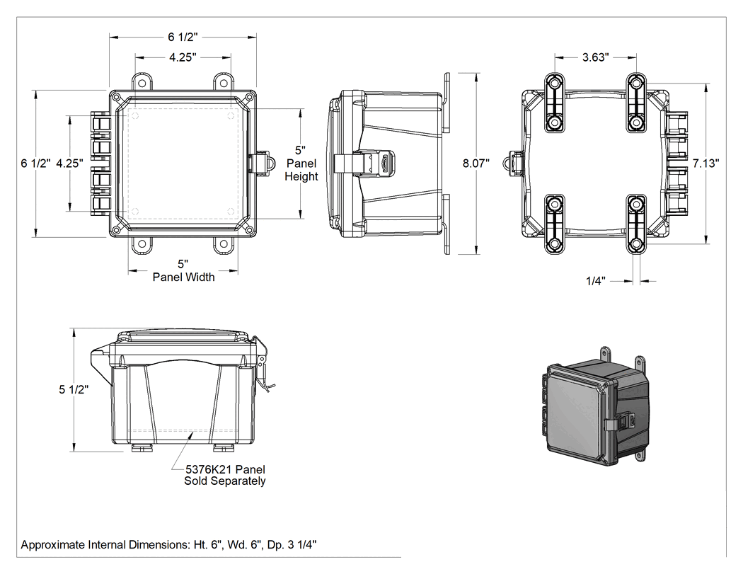 Teknik Çizim - Versa-Panel Polikarbonat Muhafaza, Şeffaf Hızlı Açılır Kapak, 6.5" x 6.5" x 5.5", Gri