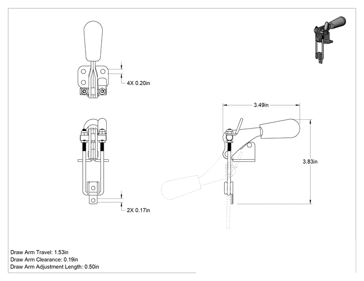 Teknik Çizim - Dik Açı Mandallı Mandal Kelepçe, 18-8 Paslanmaz Çelik, 500 lbs. Tutma Kapasitesi, 1-1/2" Kol Hareketi