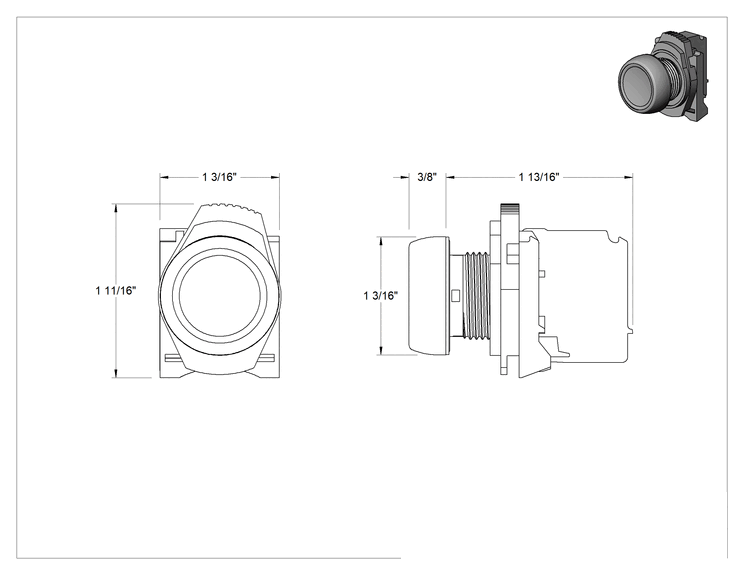 Teknik Çizim - Metal 22 mm Panel Montajlı Basmalı Düğme Anahtarı, Yıkama, Anlık, SPST-NC, Daire, Kırmızı