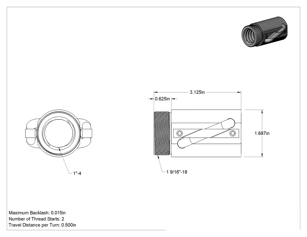 Teknik Çizim - 1"-4 Dış Diş, 3-1/8" Uzunlukta Hızlı Hareketli Somun, Bilyalı Vida için