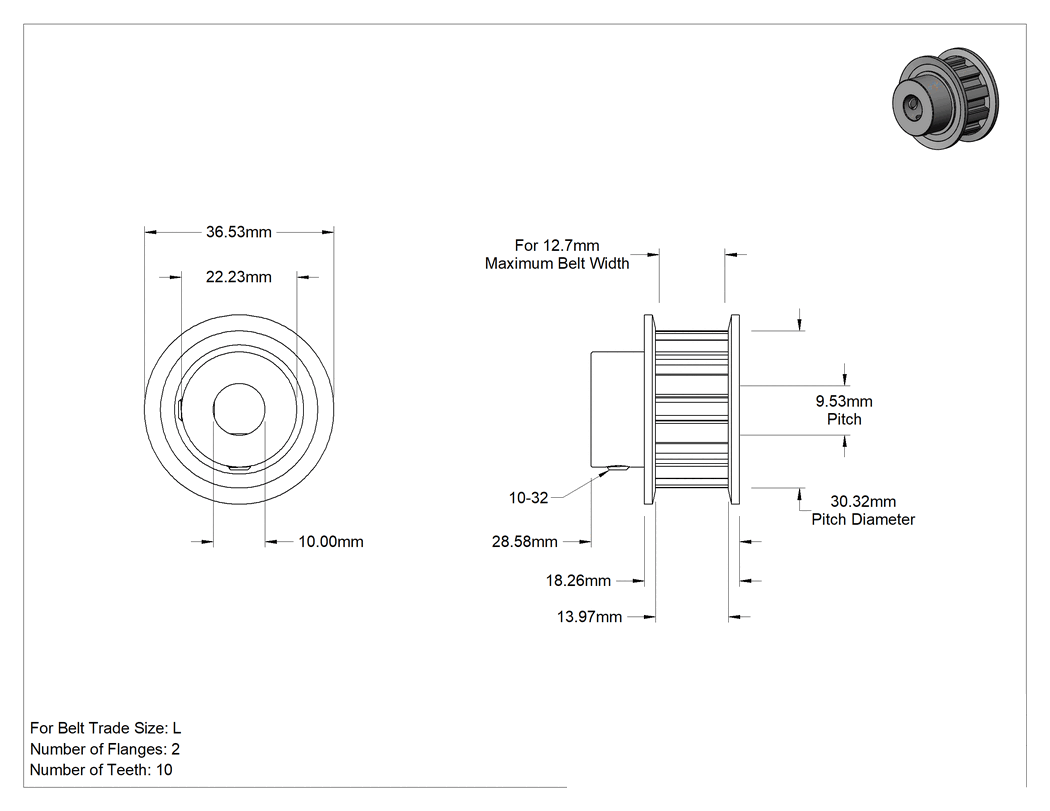 Teknik Çizim - L Serisi Paslanma ve Aşınmaya Dayanıklı Triger Kayışı Kasnağı, 12.7 mm Maksimum Kayış Genişliği için, 29.56mm Dış Çap