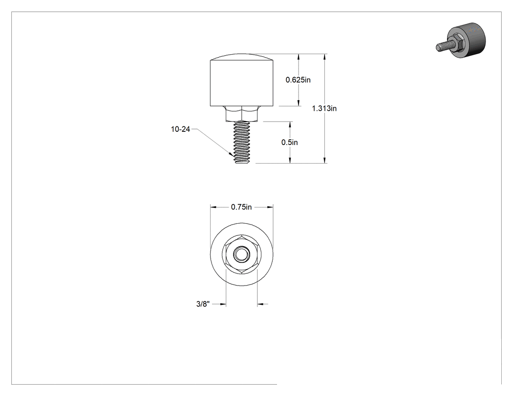 Teknik Çizim - Güçlendirilmiş Dişli Tampon, Çelik Çekirdekli, Neopren, 1/2" Uzunlukta 10-24 Saplama, Durometre 80A