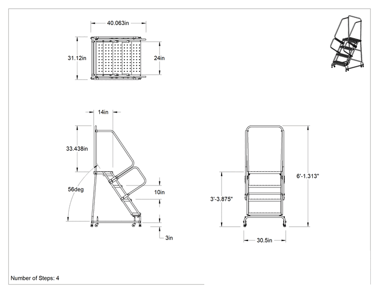Teknik Çizim - Yuvarlanan Delikli Platform Merdiveni, Montajlanmamış, 4 Basamak, 3'4" Yüksekliğinde x 14" Derinliğinde Platform