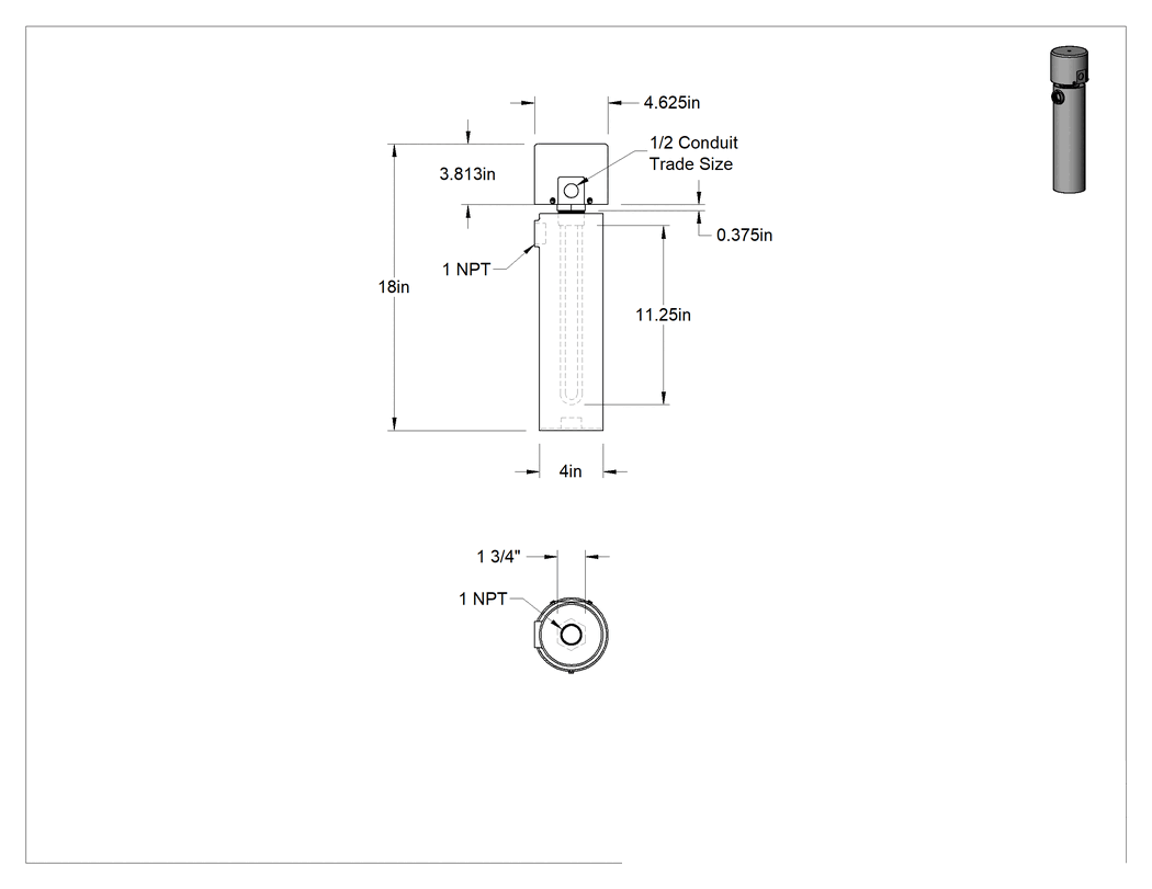 Teknik Çizim - Akışlı Isıtma Elemanı, Su için, Bakır Isıtma Elemanı, 120V AC, 1500W