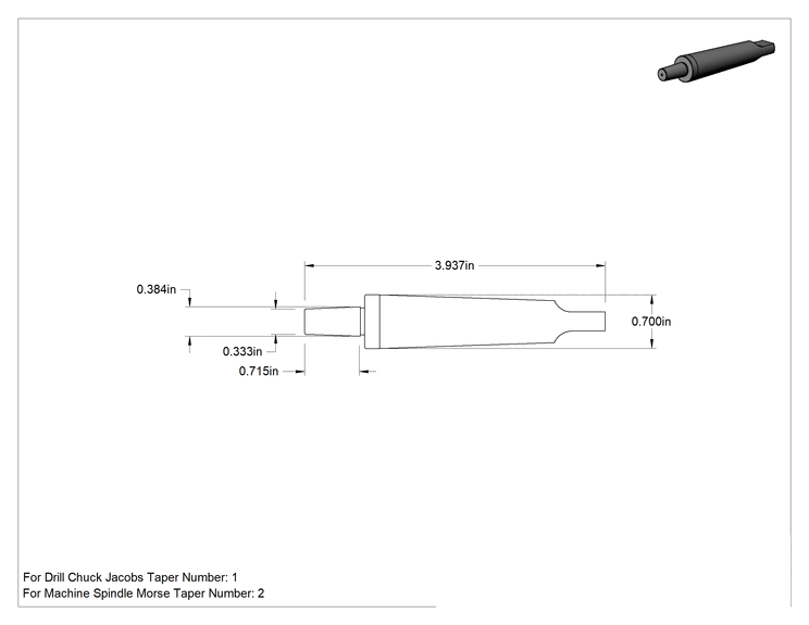 Teknik Çizim - Matkap Mandreni, 2 Numaralı Morse x 1 Numaralı Jacobs için, 3-15/16" Toplam Uzunluk