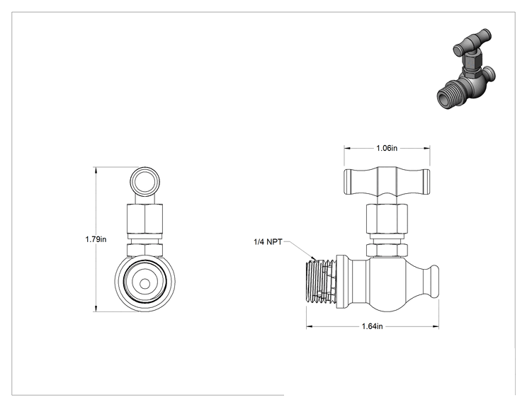 Teknik Çizim - Uzun Ömürlü Bronz Kompakt Açma/Kapama Valfi, 1/4 NPT Erkek x Tahliye