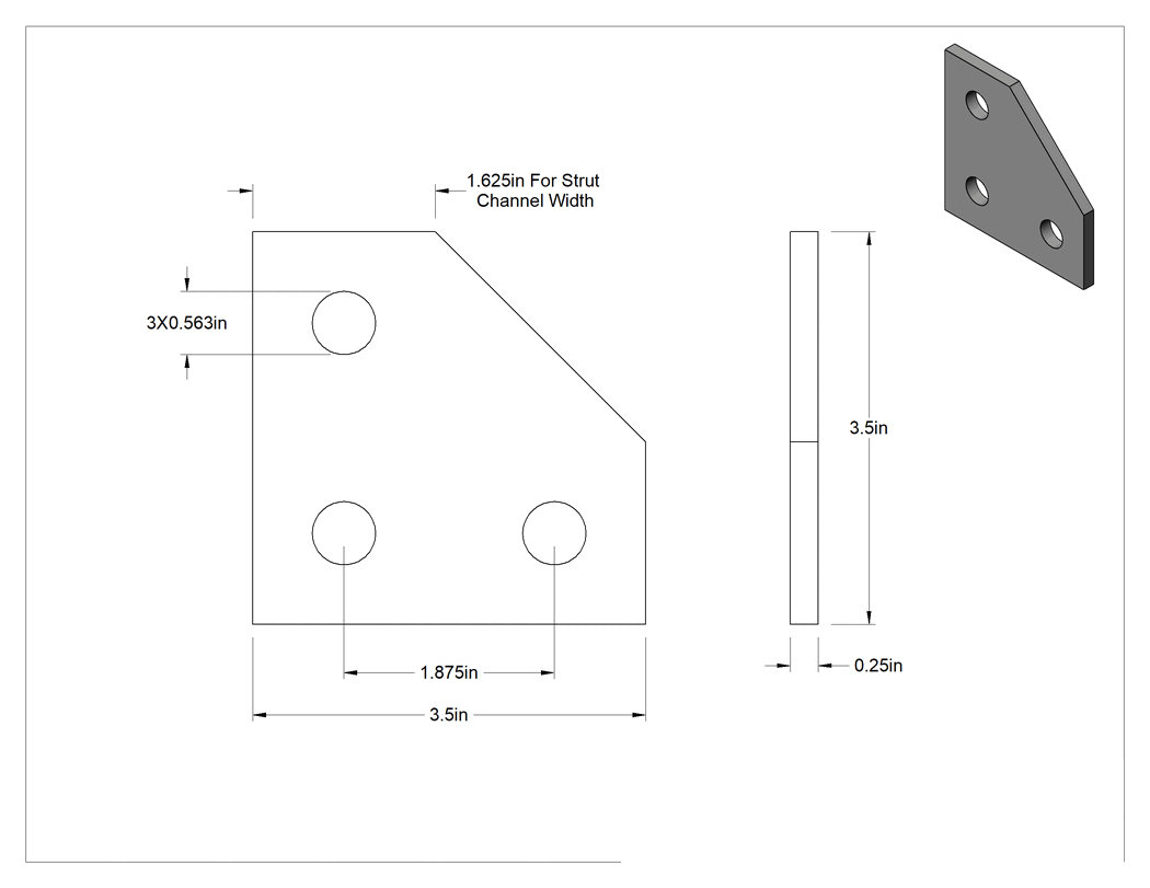 Teknik Çizim - Strut Kanalı Braketi, Dirsek, Yeşil Toz Boyalı Çelik, 3-1/2" Uzunluk