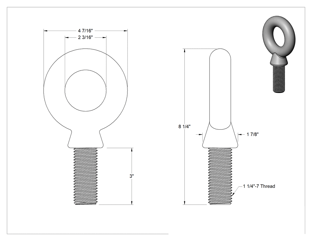 Teknik Çizim - Düşük Görünürlüklü Halka Cıvata, Omuzlu, 1-1/4"-7 Diş Boyutu, 3" Diş Uzunluğu