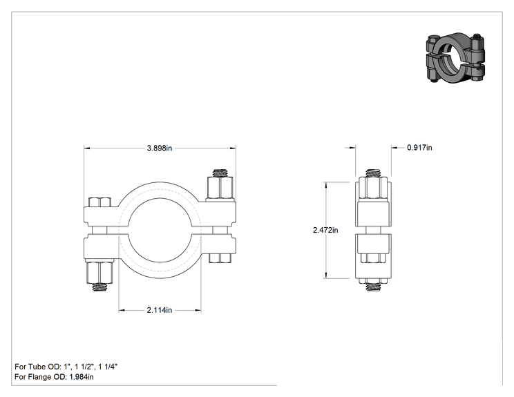 Teknik Çizim - 1" için Cıvatalı Paslanmaz Çelik Kelepçe, 1-1/4" ve 1-1/2" Boru Dış Çapı Yüksek Parlaklıkta Hızlı Kelepçeli Hijyenik Boru Bağlantı Elemanı